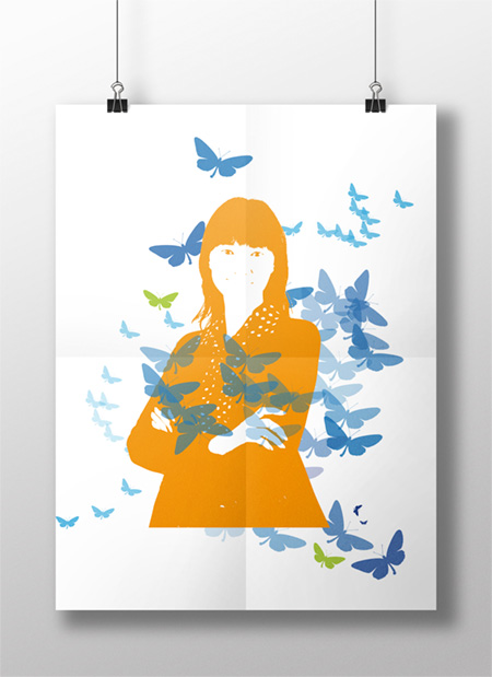 affiche femme entourée de papillons